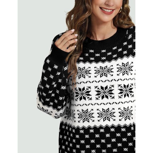 Women Ugly Christmas Black#3 Sweater Reindeer Snowflake Knit Pullover Crew Neck - Picture 2 of 6